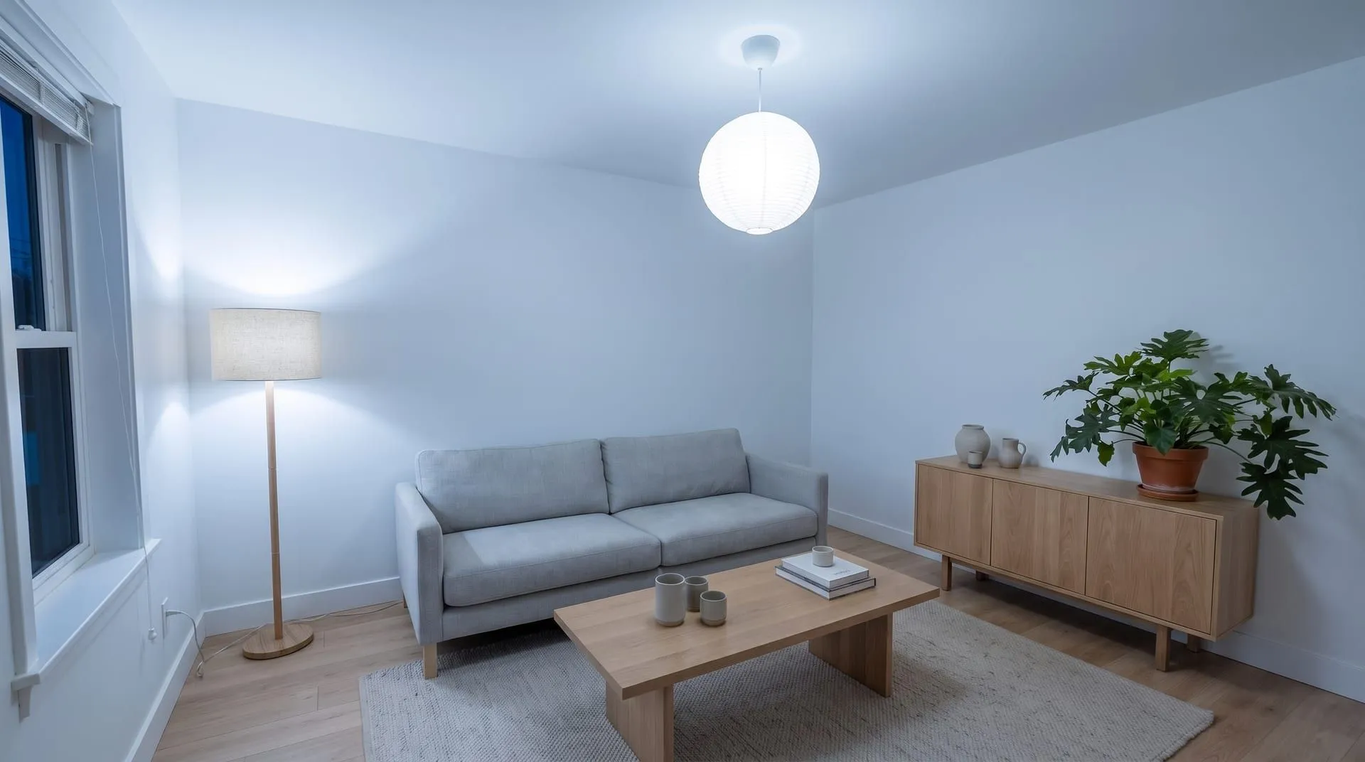 The same living room lit by 5000K daylight bulbs, bluish walls and greyer wood