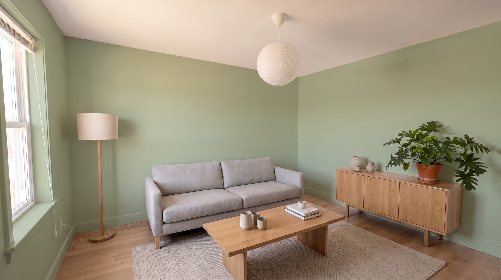 The same living room redesigned in a Sage walls style, with its windows, walls and camera angle unchanged
