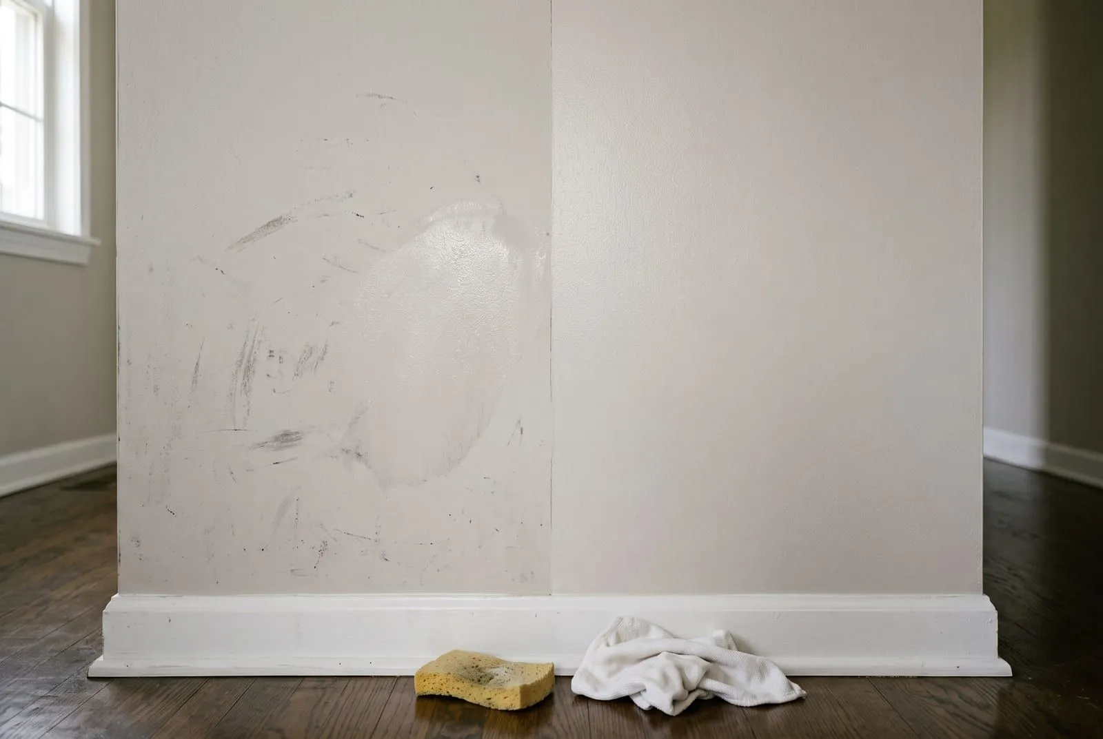 A greige hallway wall: the flat half on the left has scuff marks and a shiny burnished patch, the satin half on the right is clean