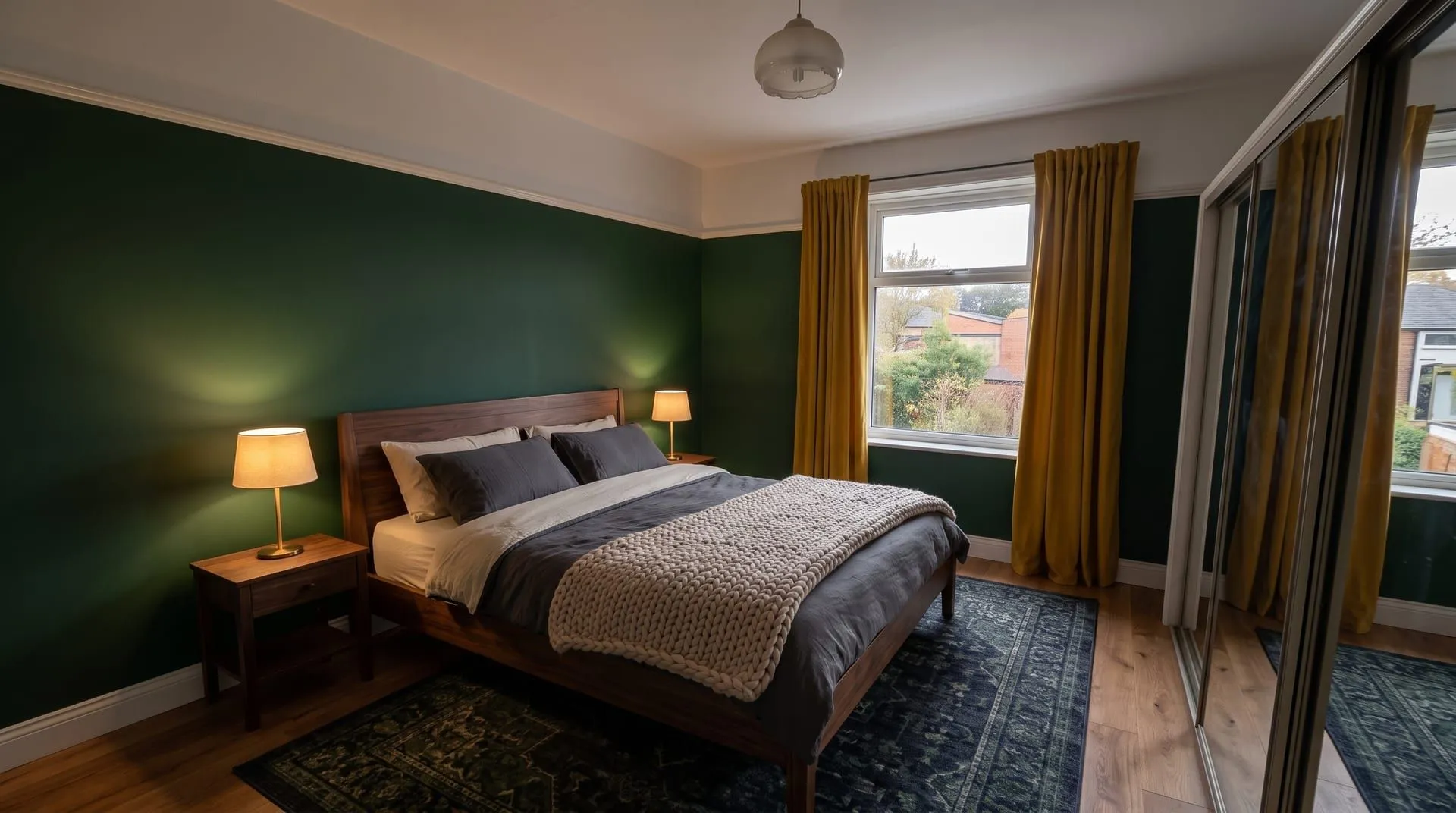 The sample double bedroom in a traditional style, painted deep green with a walnut bed, warm lamps and mustard curtains