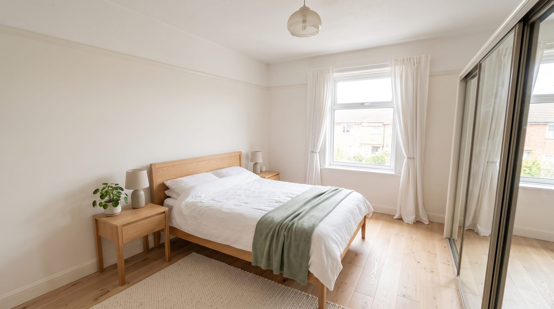 The same double bedroom redesigned in a Scandinavian style, with its windows, walls and camera angle unchanged