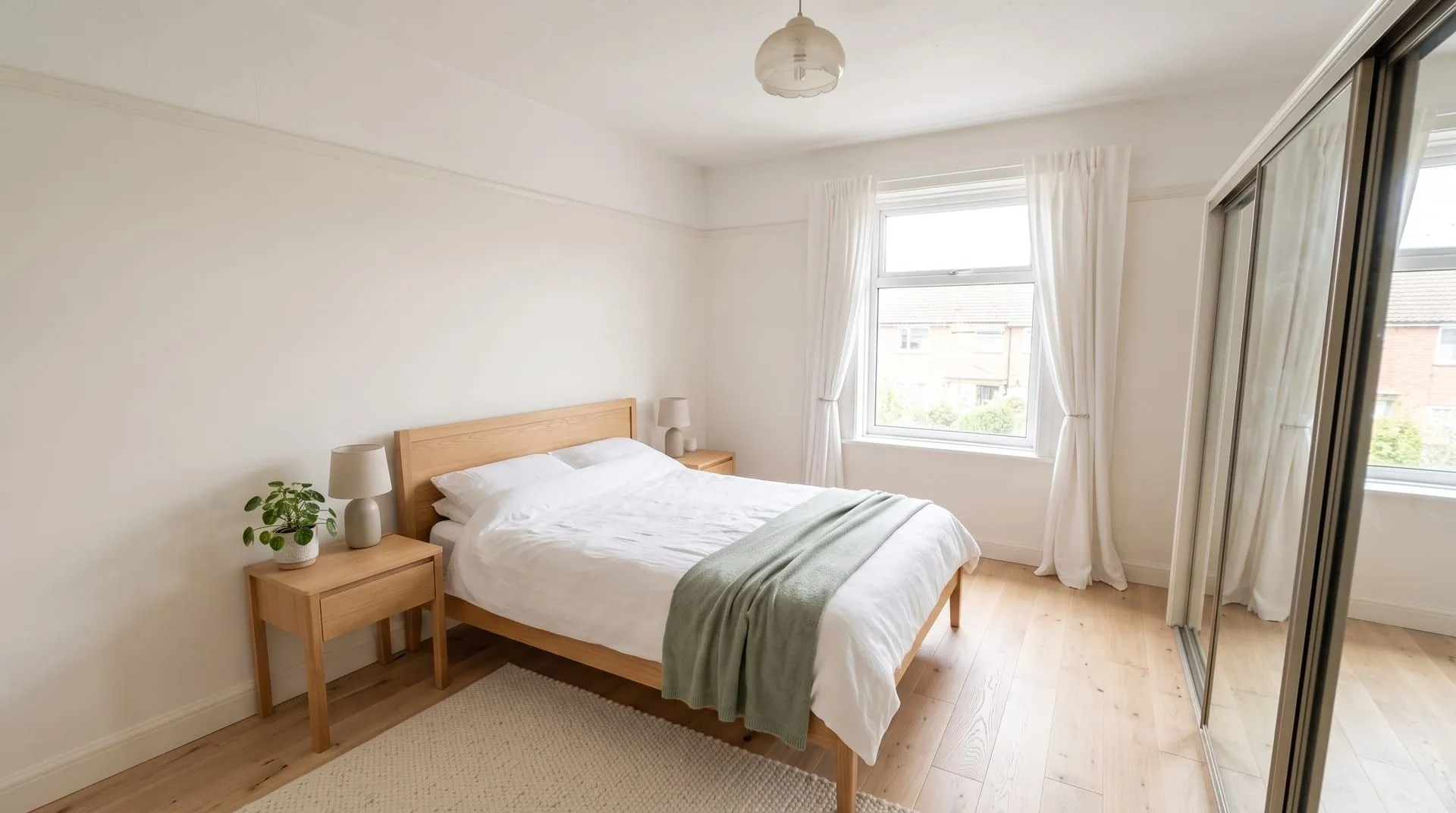 The sample double bedroom redesigned in a light Scandinavian style with oak furniture and a sage throw