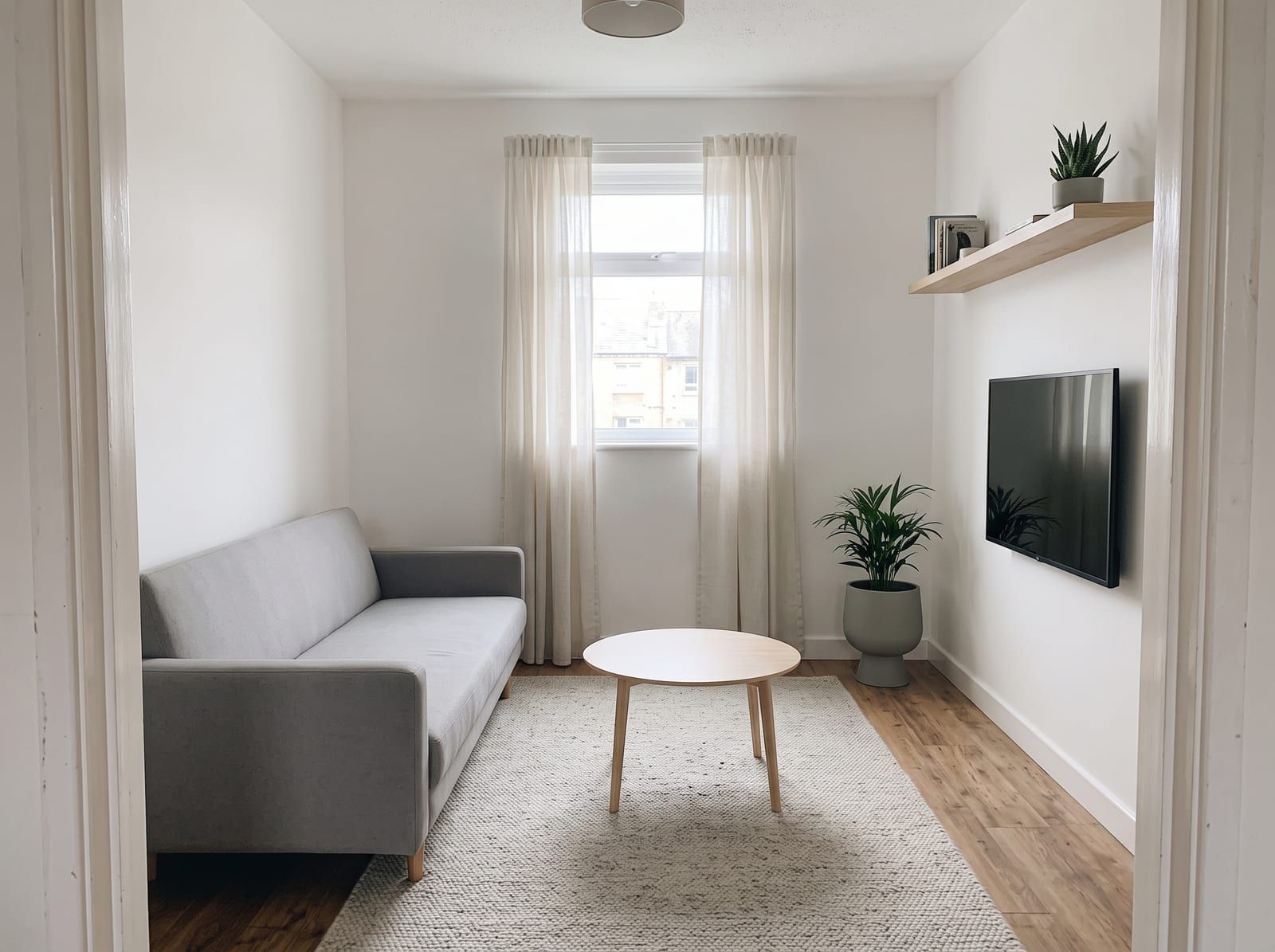 The same small living room redesigned in a Minimalist style, with its windows, walls and camera angle unchanged