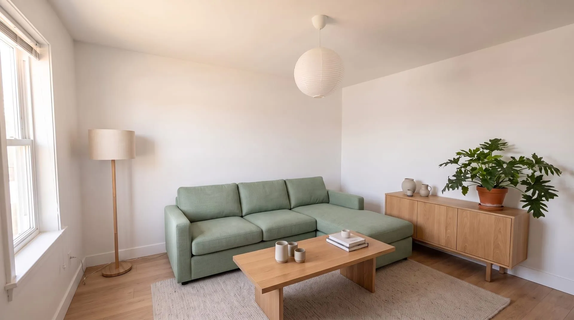 The same living room with a sage green chaise sofa