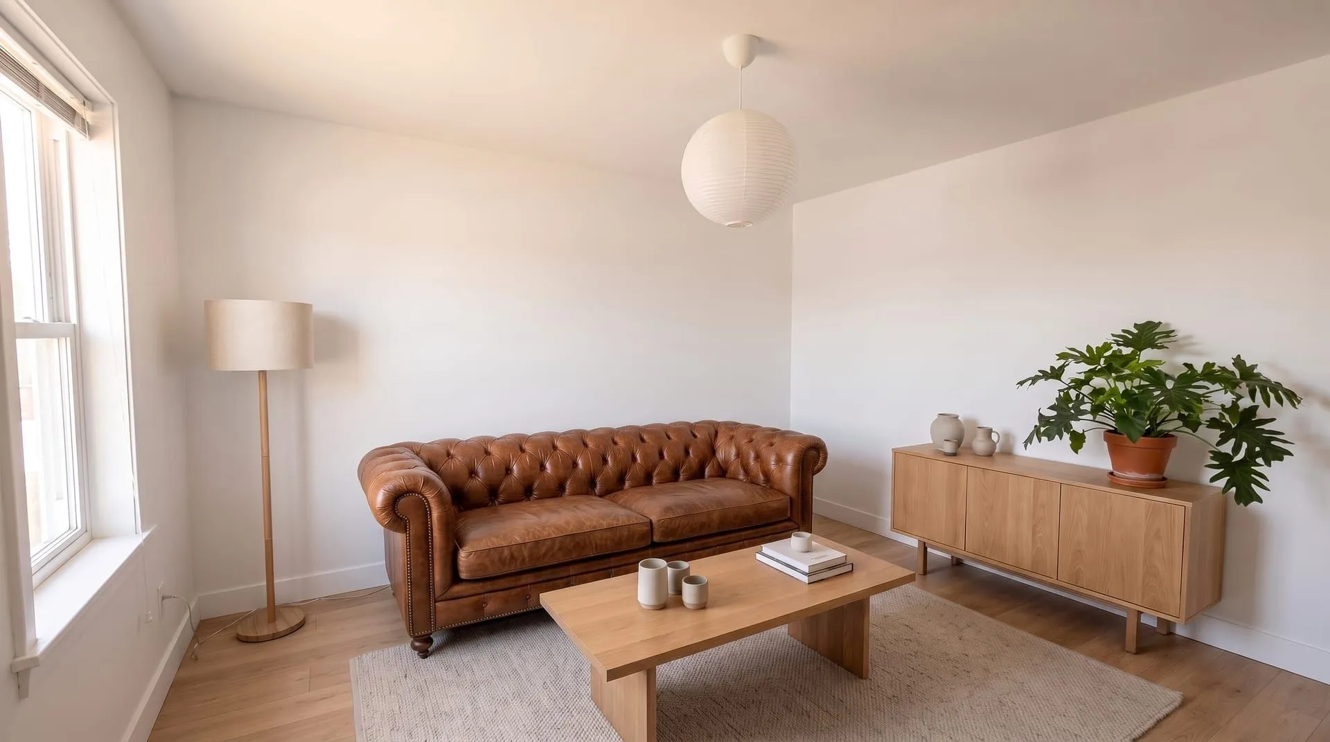 The same living room with a tufted cognac leather Chesterfield sofa