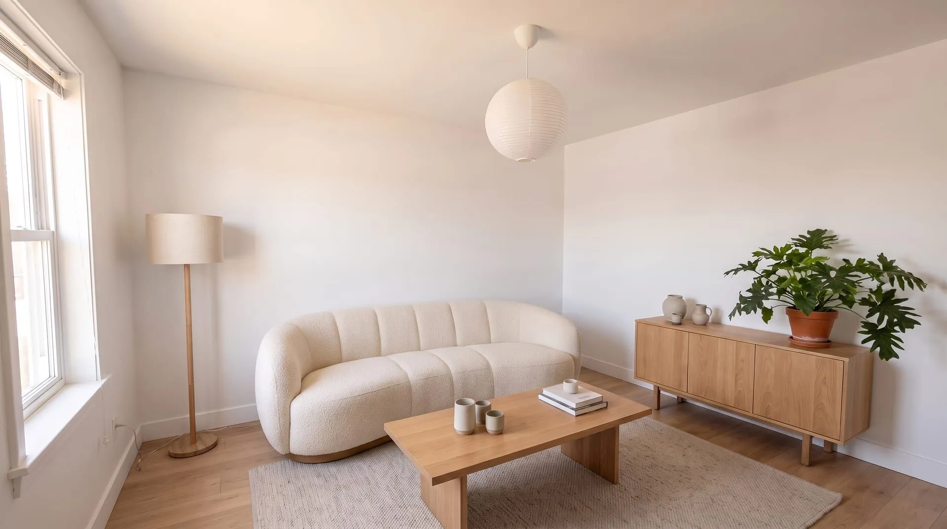 The same living room with a curved cream boucle sofa