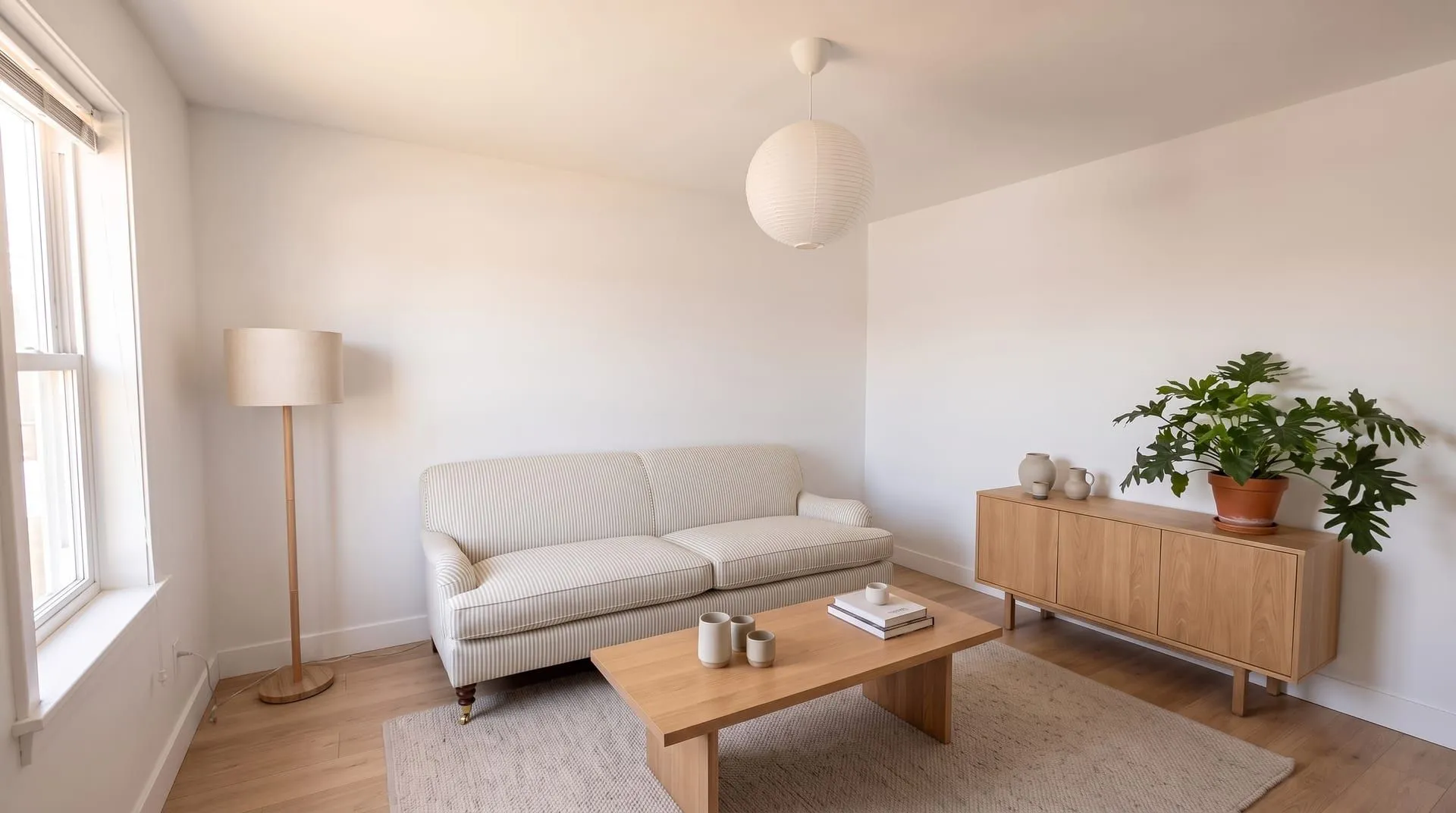 The same living room with a striped English roll arm sofa