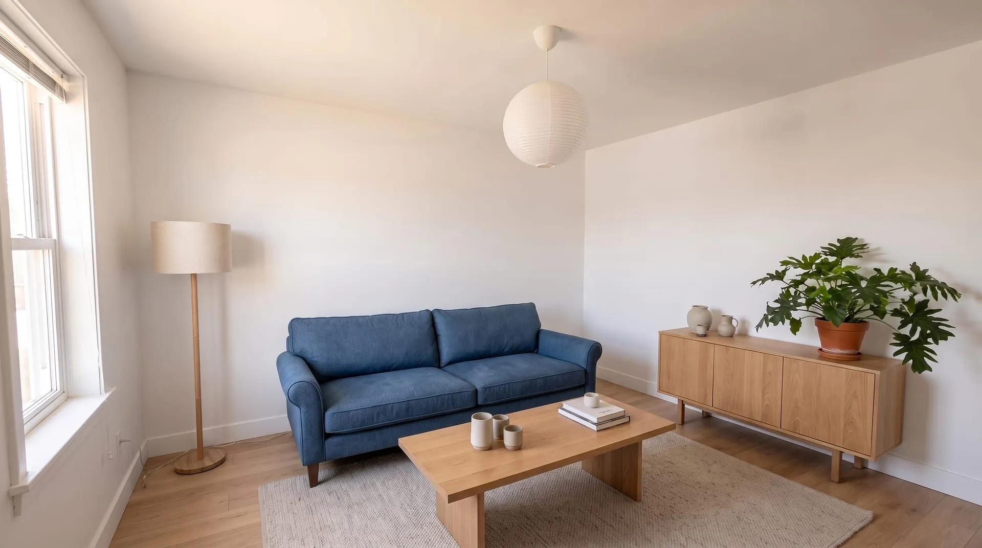 The same living room with a blue Lawson sofa with loose back cushions