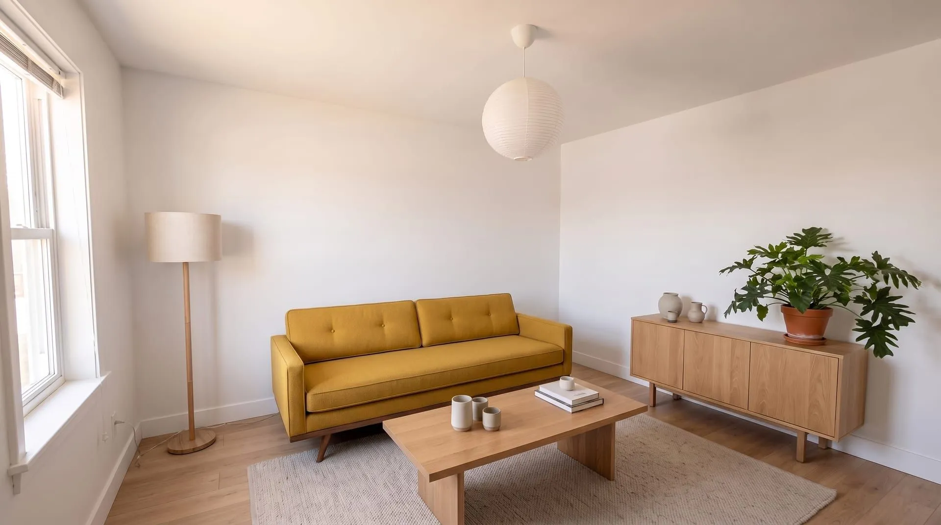 The same living room with a mustard mid-century modern sofa