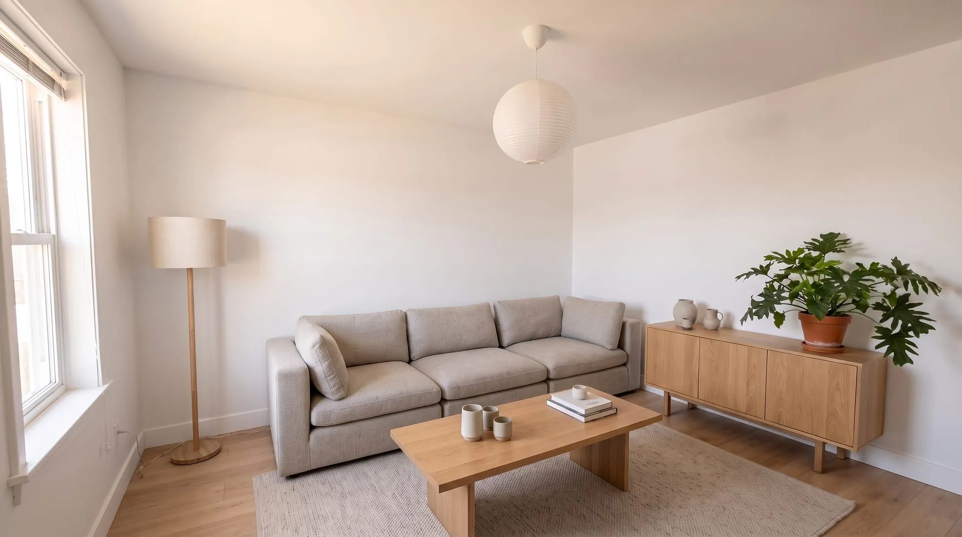 The same living room with a grey modular sofa in separate blocks