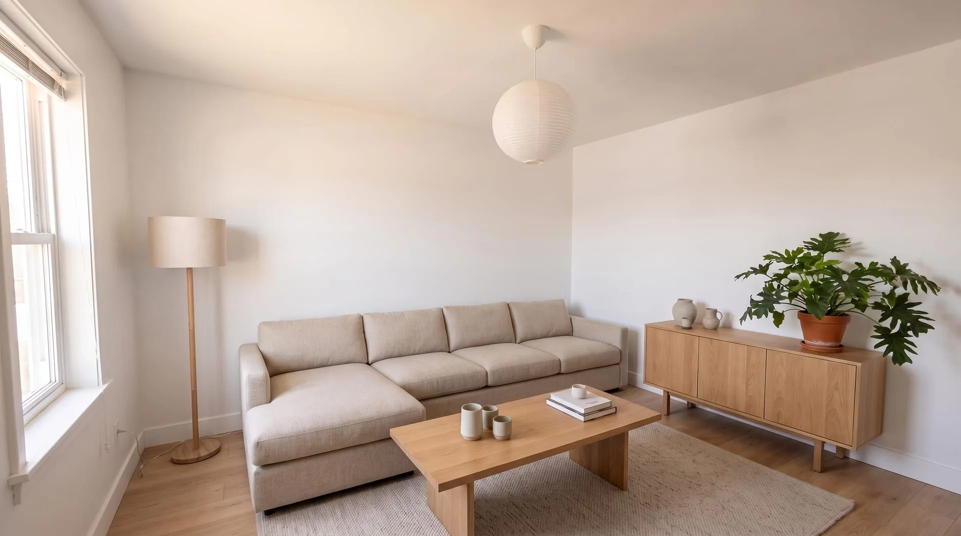 The same living room with an L-shaped oatmeal sectional