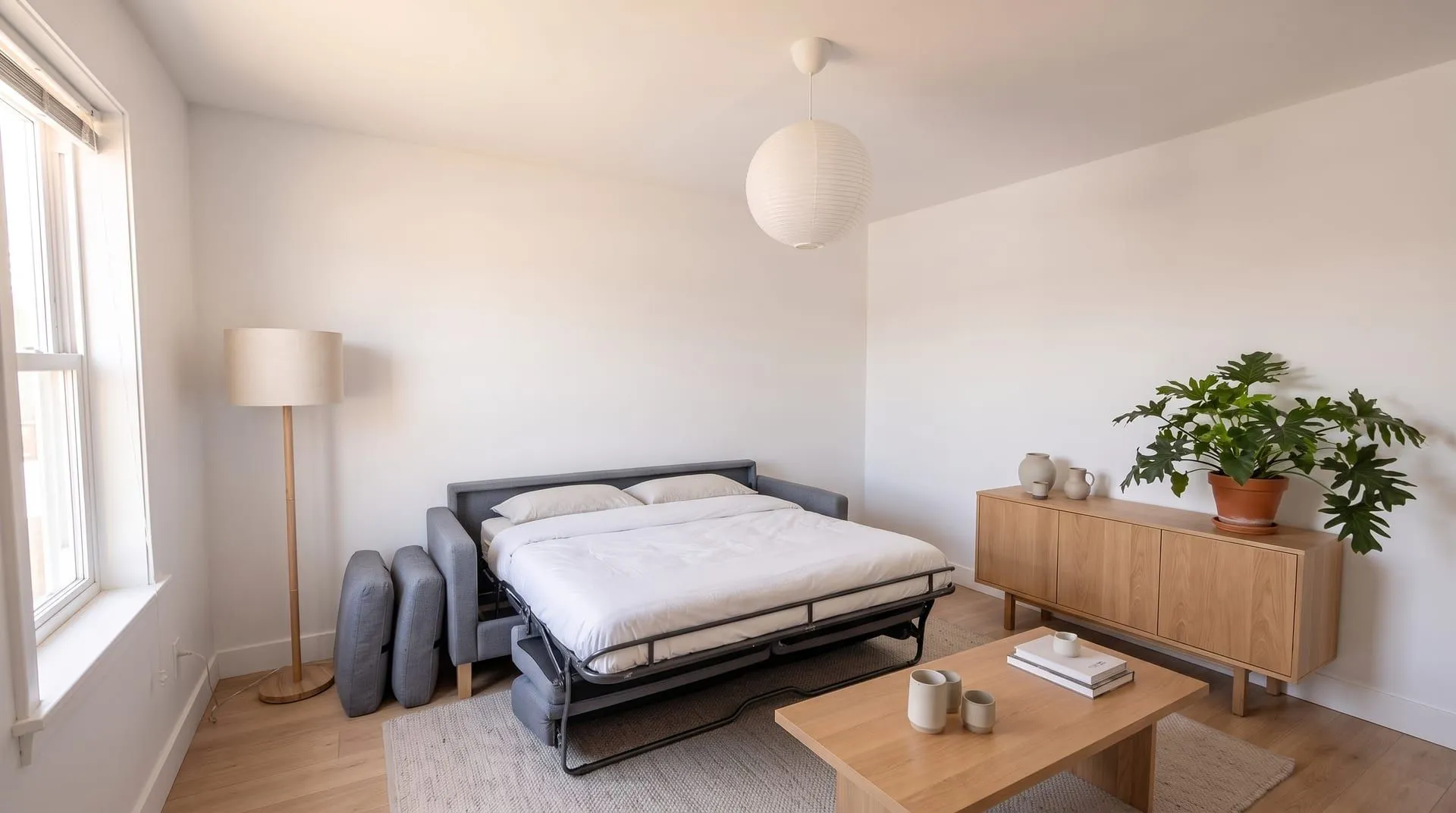The same living room with a grey sleeper sofa opened into a bed