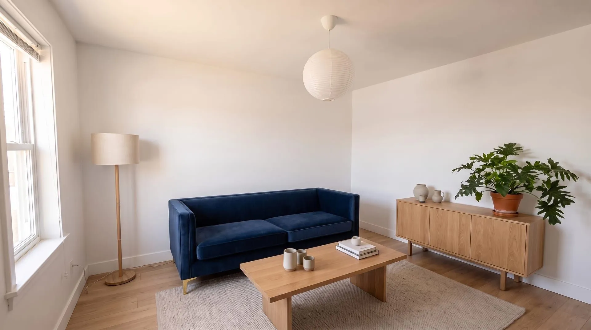 The same living room with a navy velvet tuxedo sofa