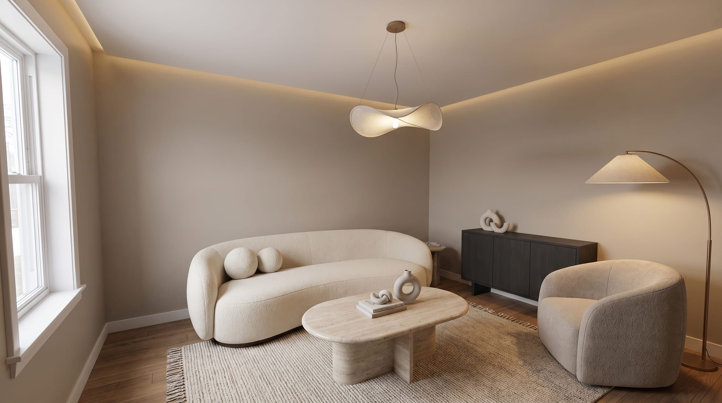 The same living room redesigned in a contemporary style