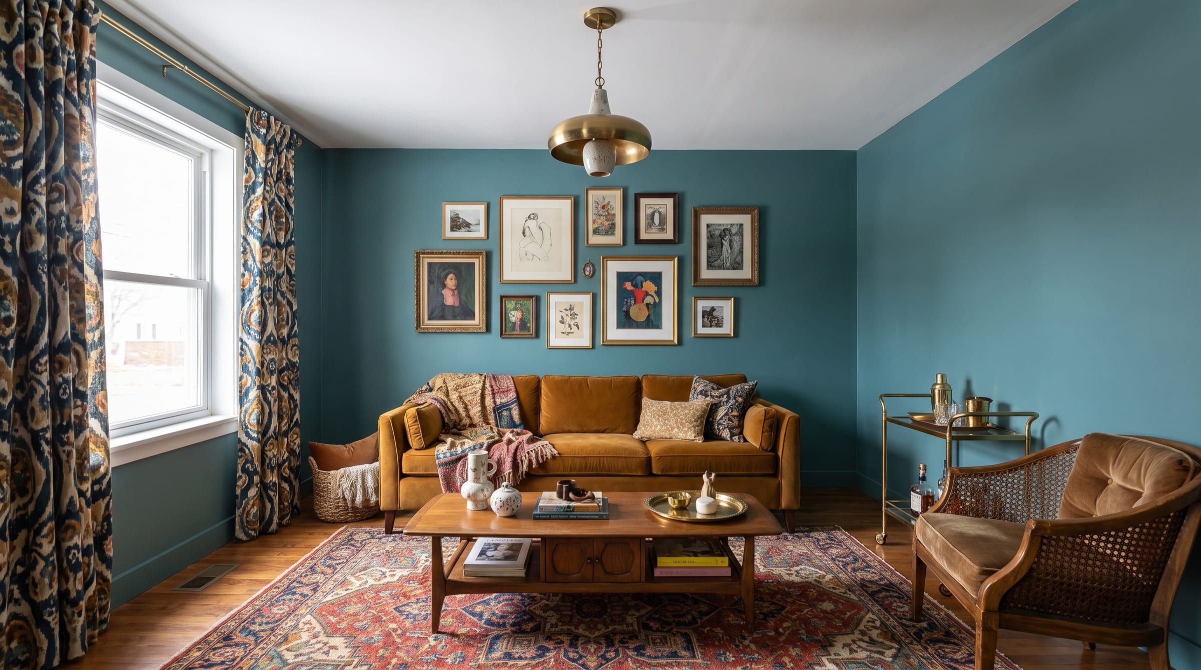The same living room redesigned in a eclectic style