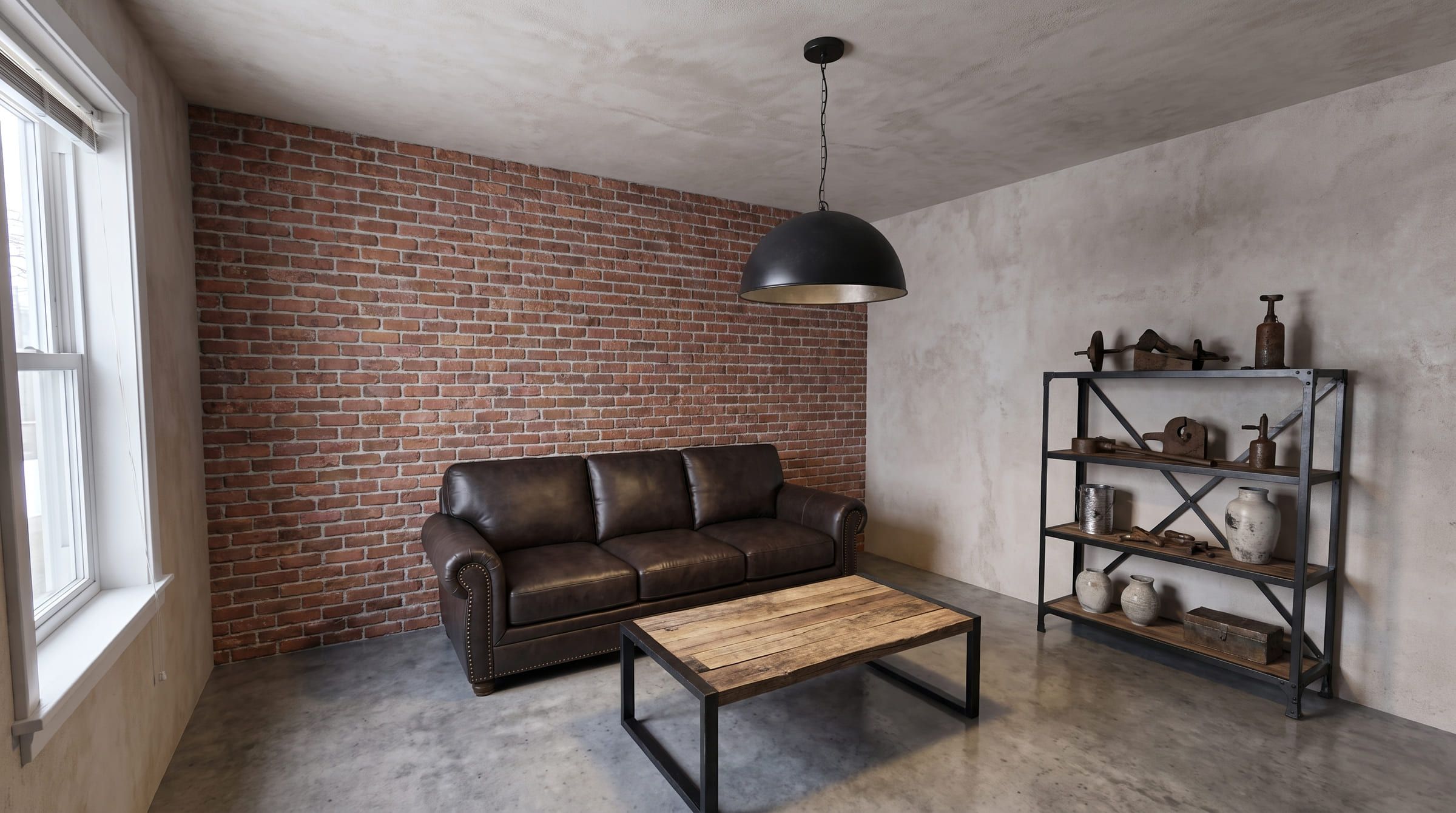 The same living room redesigned in a industrial style