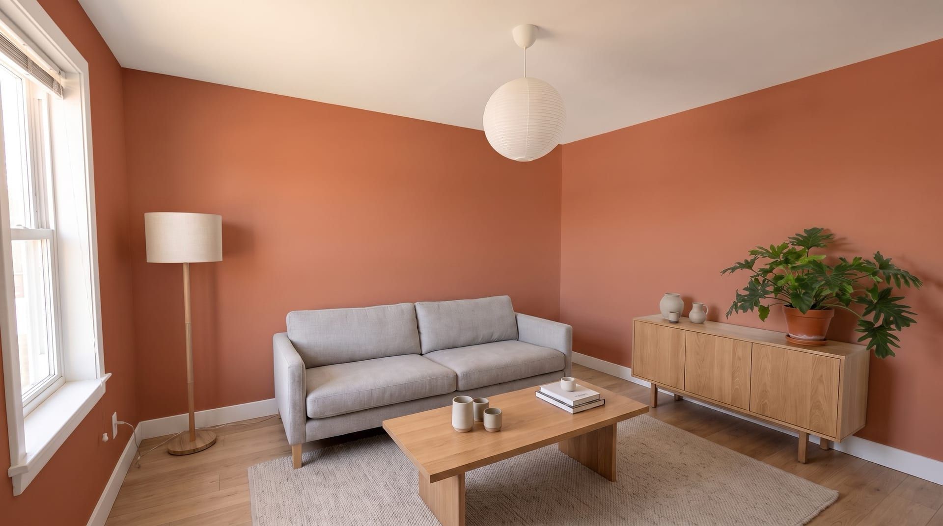 The sample living room with terracotta walls and the same furniture, floor and trim
