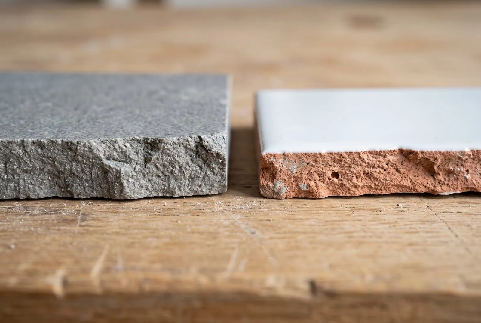 Two broken tile pieces side by side: a grey through-body porcelain tile that is the same colour all the way through, and a white glazed ceramic tile with a red clay body under a thin glaze