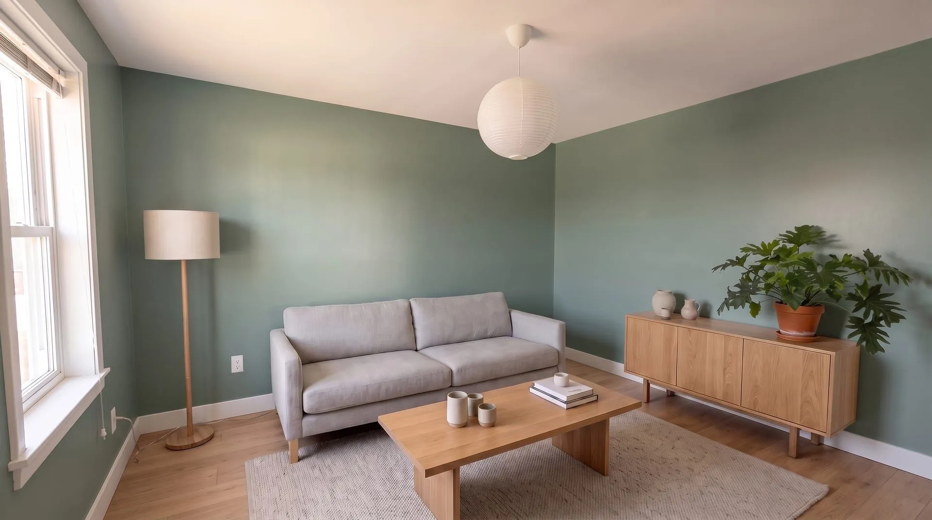 The same living room with sage green walls in an eggshell finish, a faint glow near the window