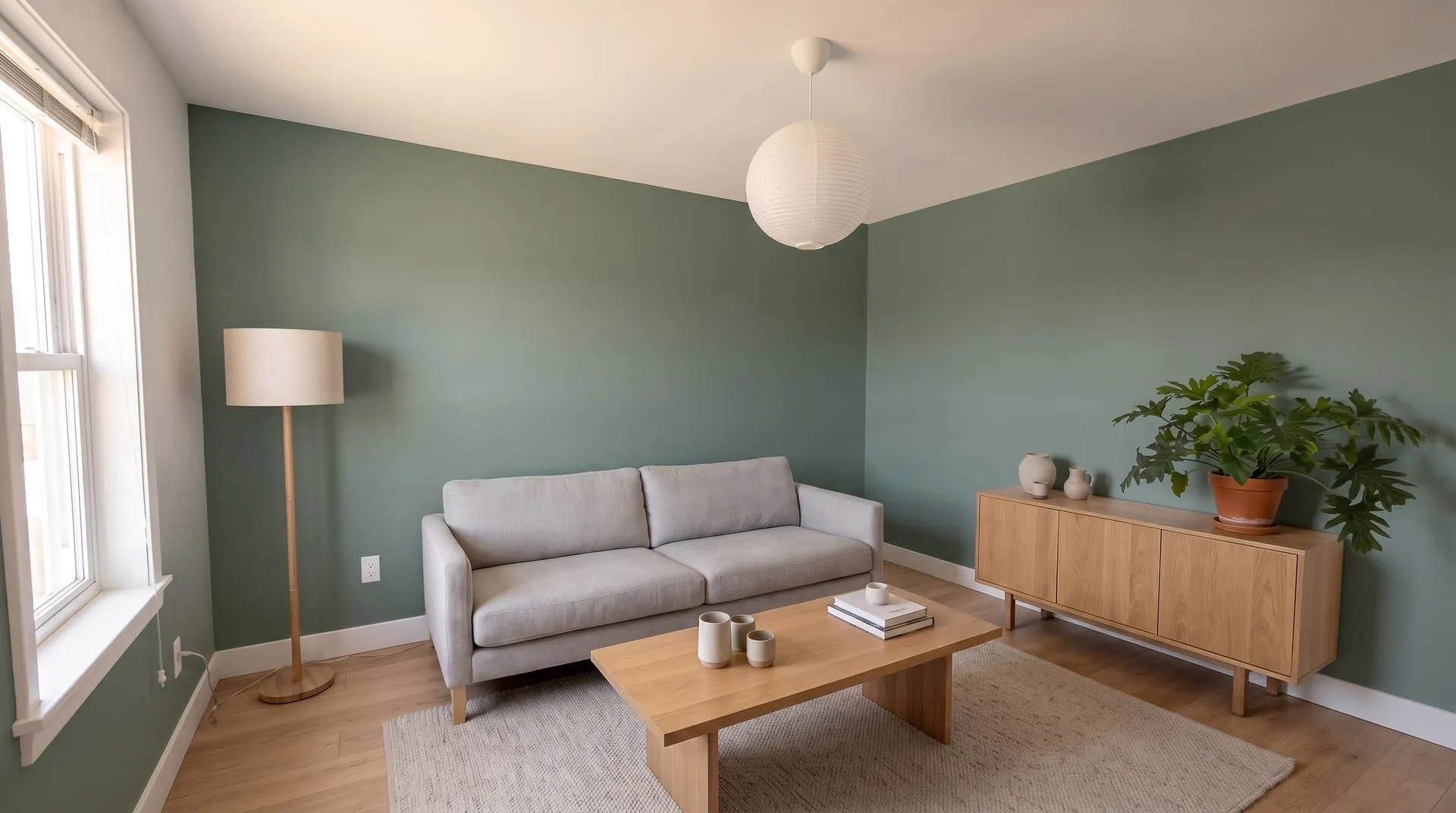 The same living room with sage green walls in a flat finish, no sheen near the window