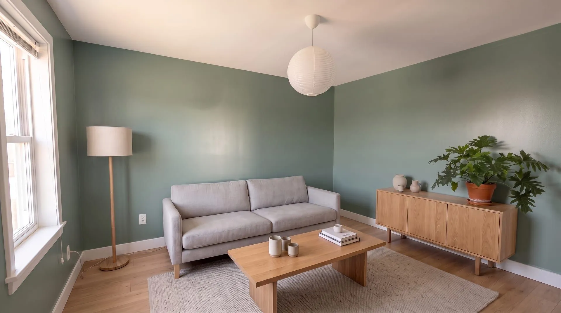 The same living room with sage green walls in a satin finish, a soft highlight band across the back wall