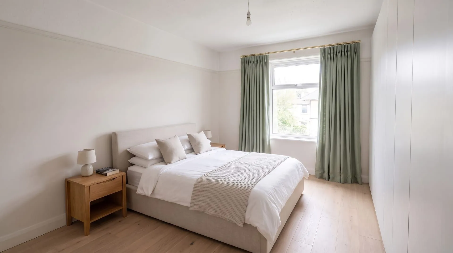 A bedroom with floor-length sage green pinch-pleat curtains on a brass rod mounted high and wide
