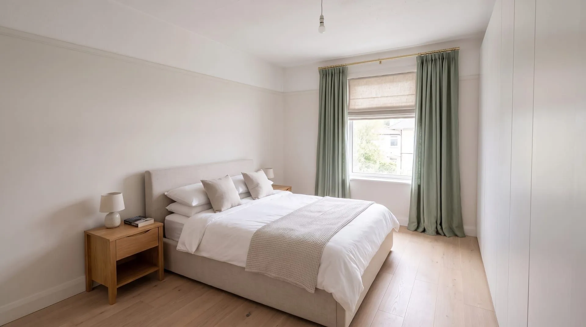 The same bedroom with an oatmeal roman shade inside the frame and sage green curtains on a high brass rod