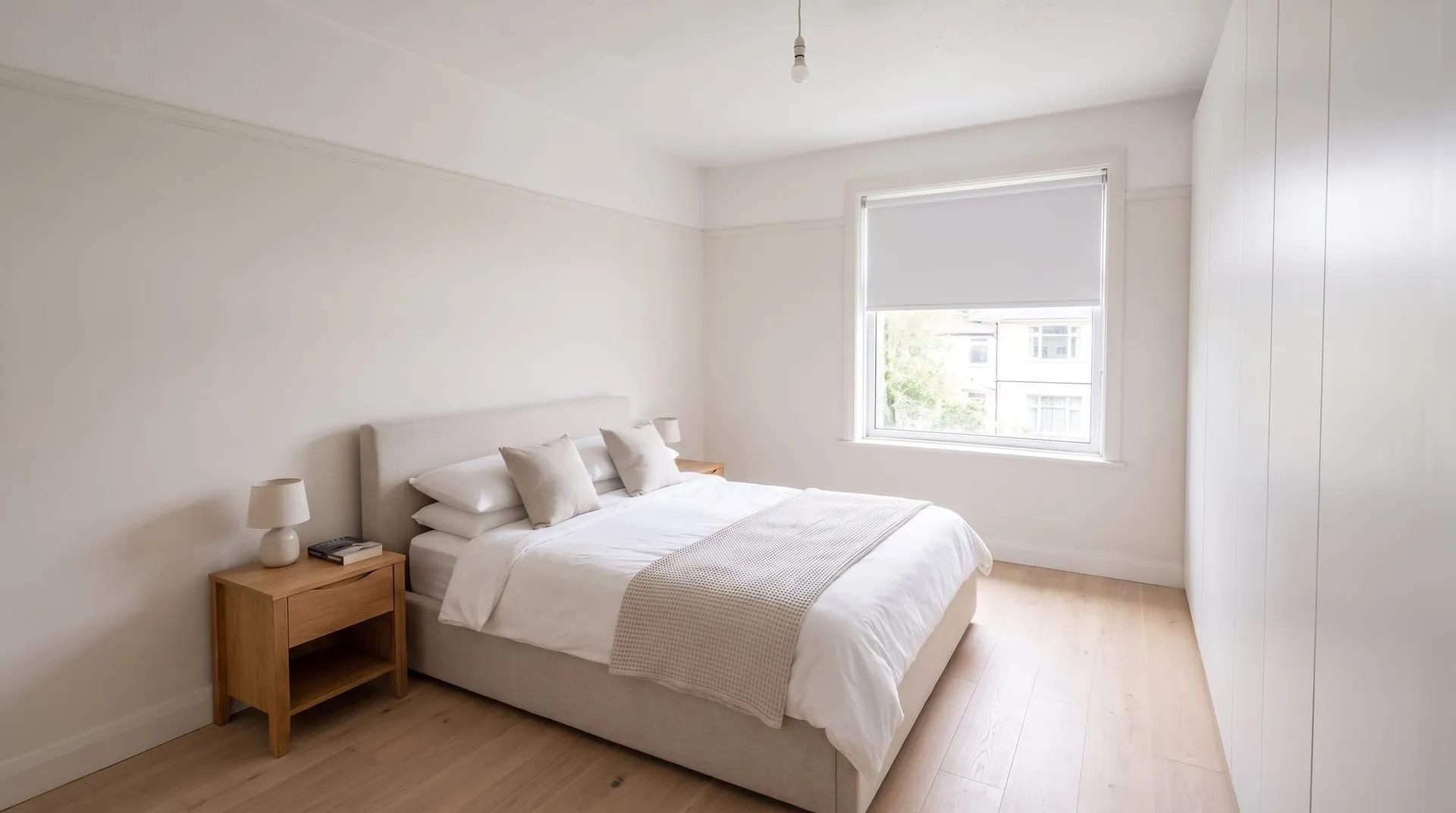 The same bedroom with a plain white roller blind pulled halfway down inside the window frame