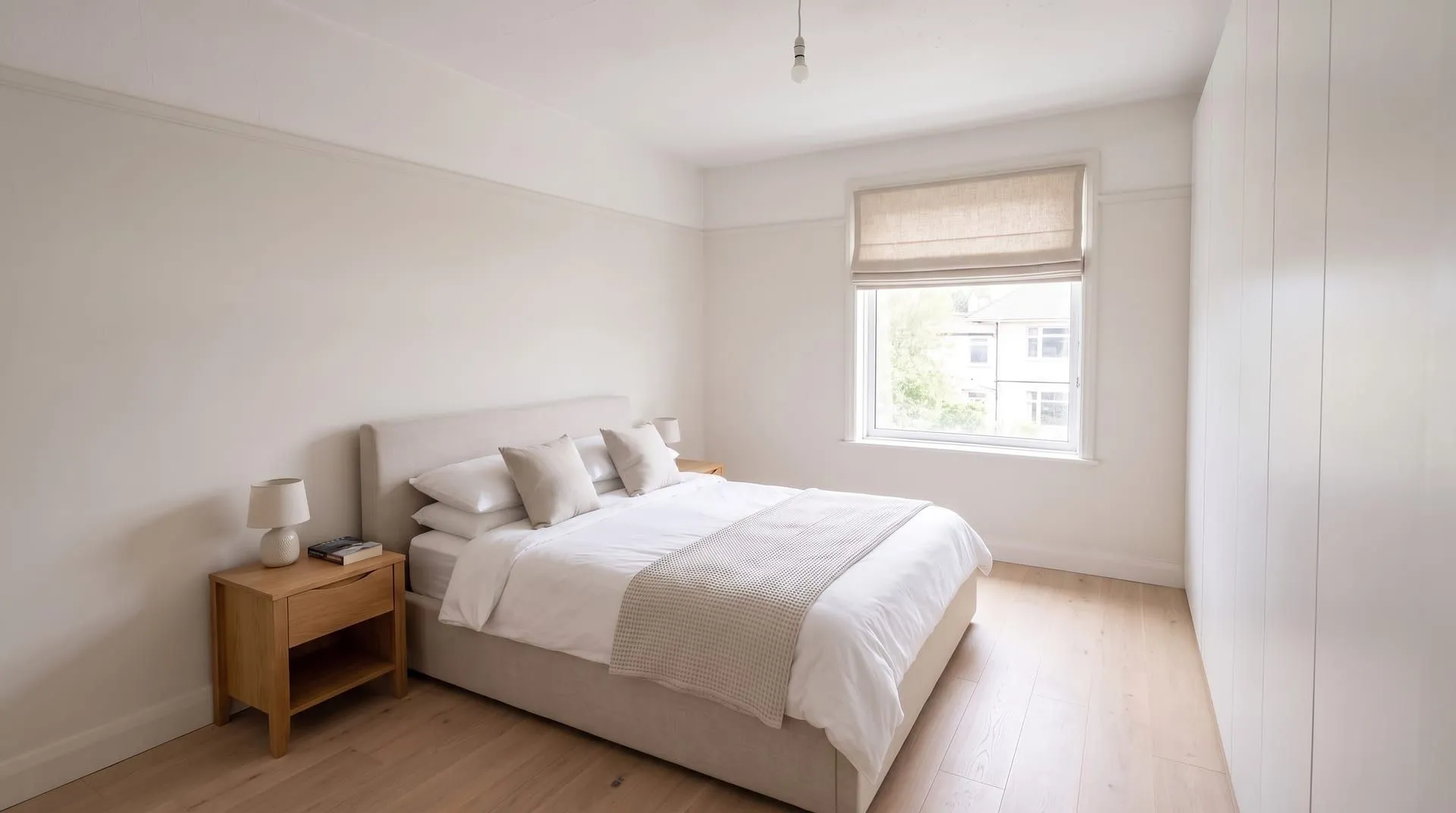 The same bedroom with an oatmeal linen roman shade inside the window frame, raised to show its folds