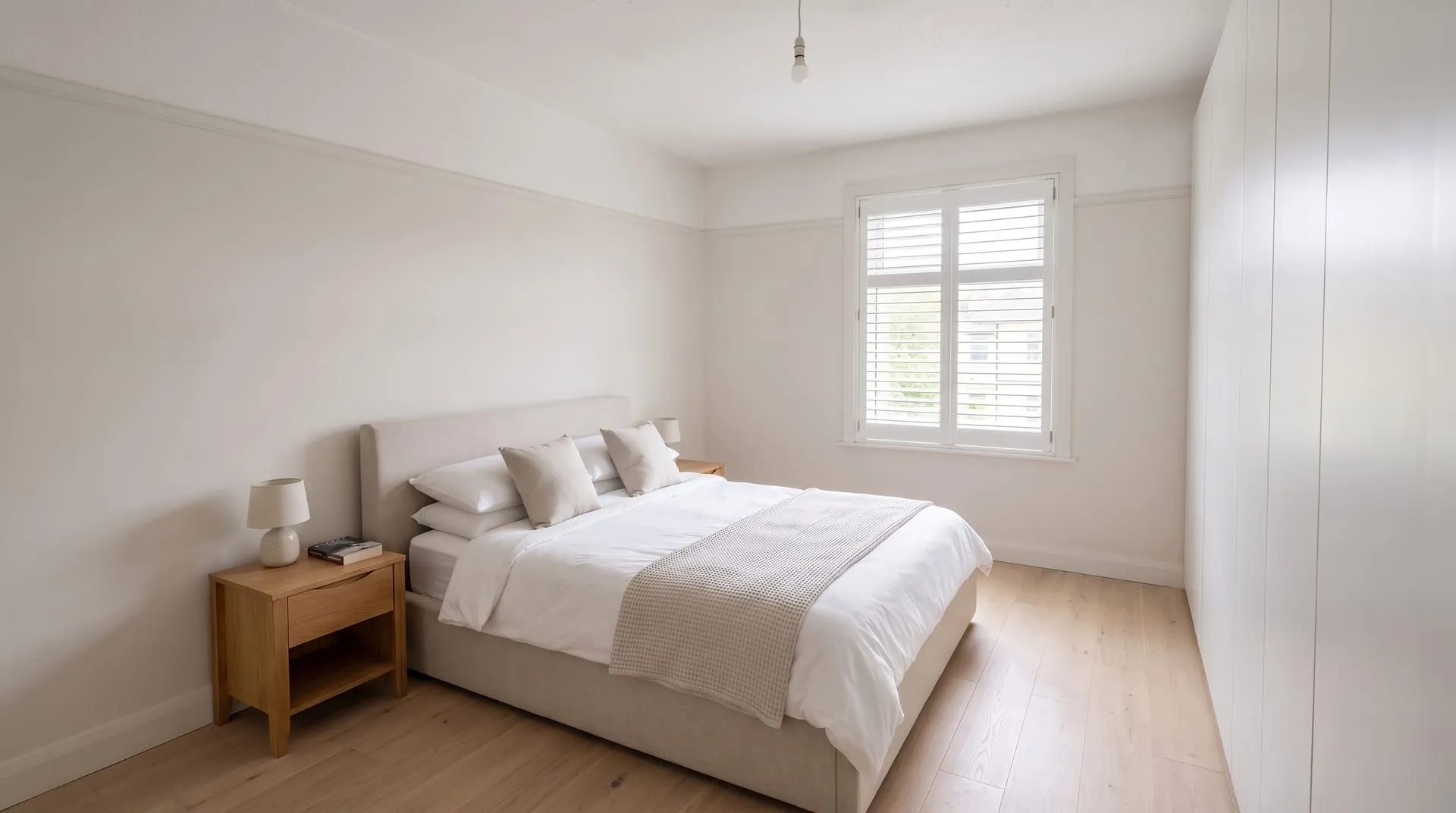 The same bedroom with white plantation shutters fitted inside the window, louvres tilted open