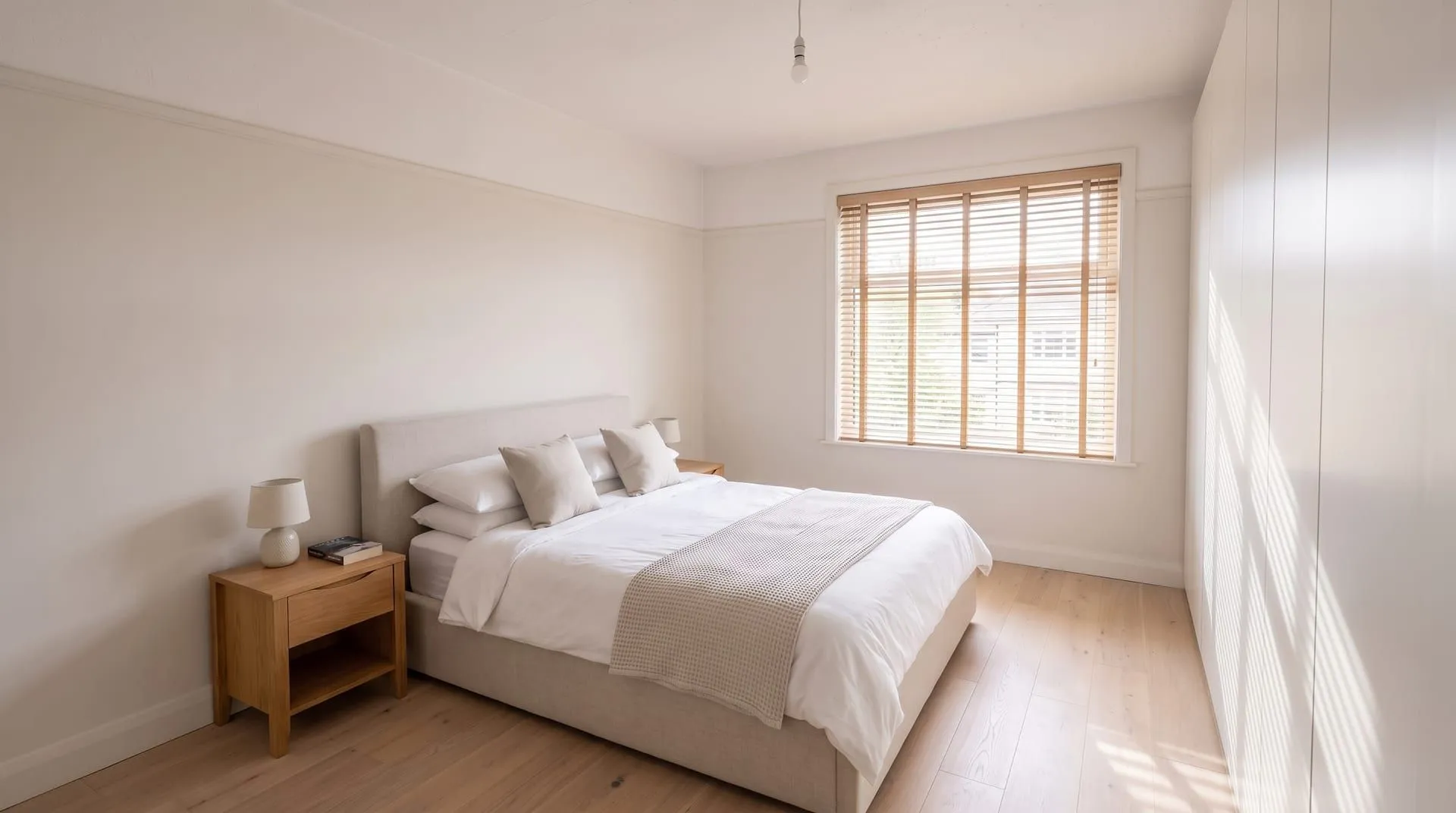 The same bedroom with light oak wooden venetian blinds, slats half open with daylight coming through